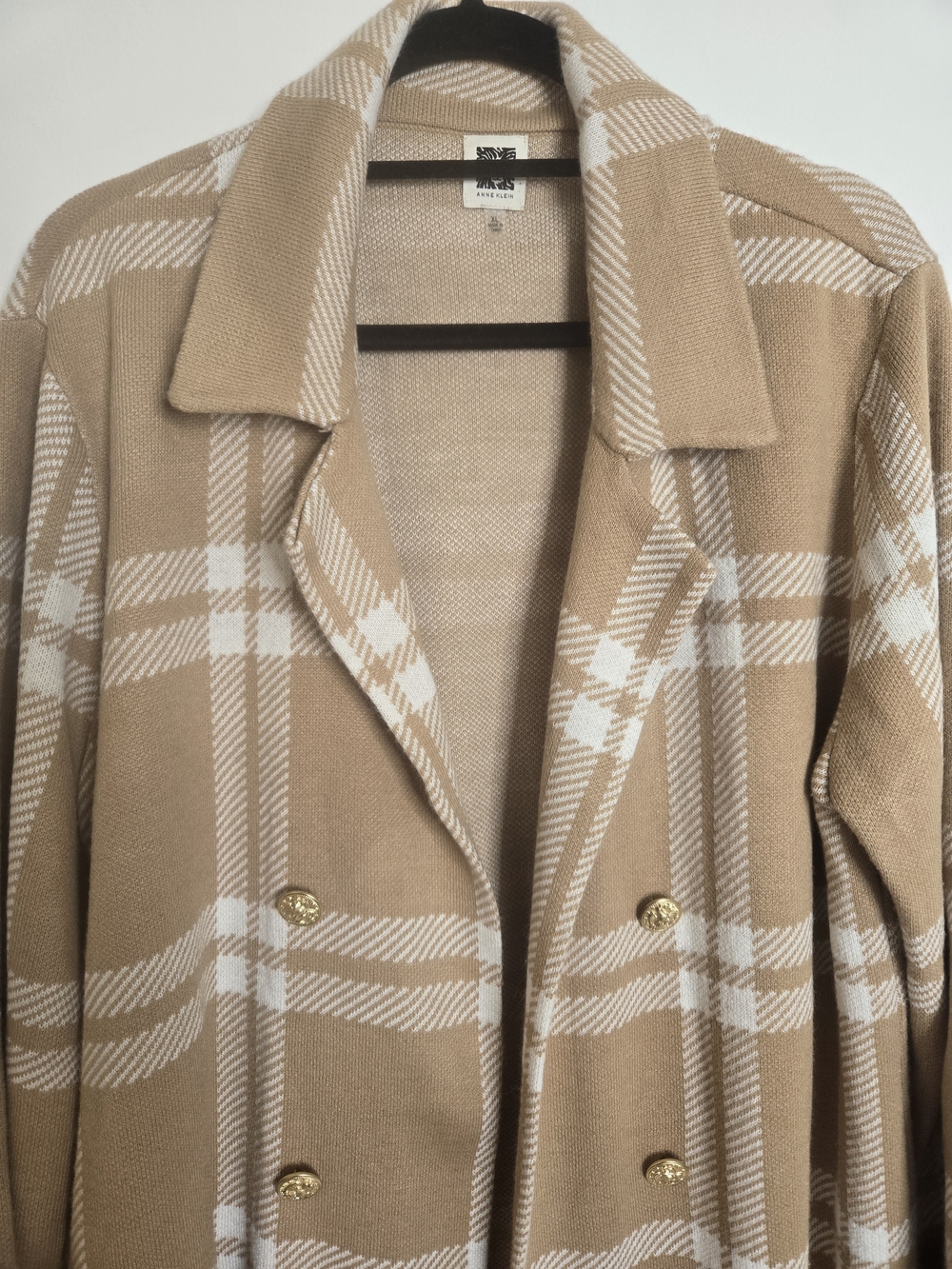 Anne Klein Camel & Cream Plaid Double-Breasted Coatigan Womens Size XL - Picture 2 of 10